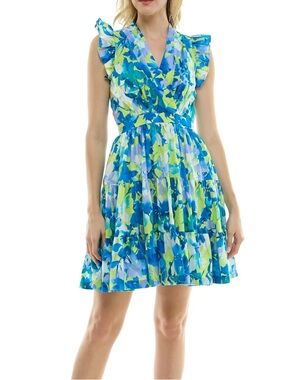 Taylor Blue and Lime Green Floral Ruffled Sun Dress